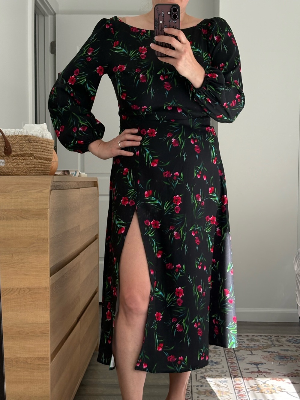 Alexia Admor Black Midi Dress with Red Floral Print